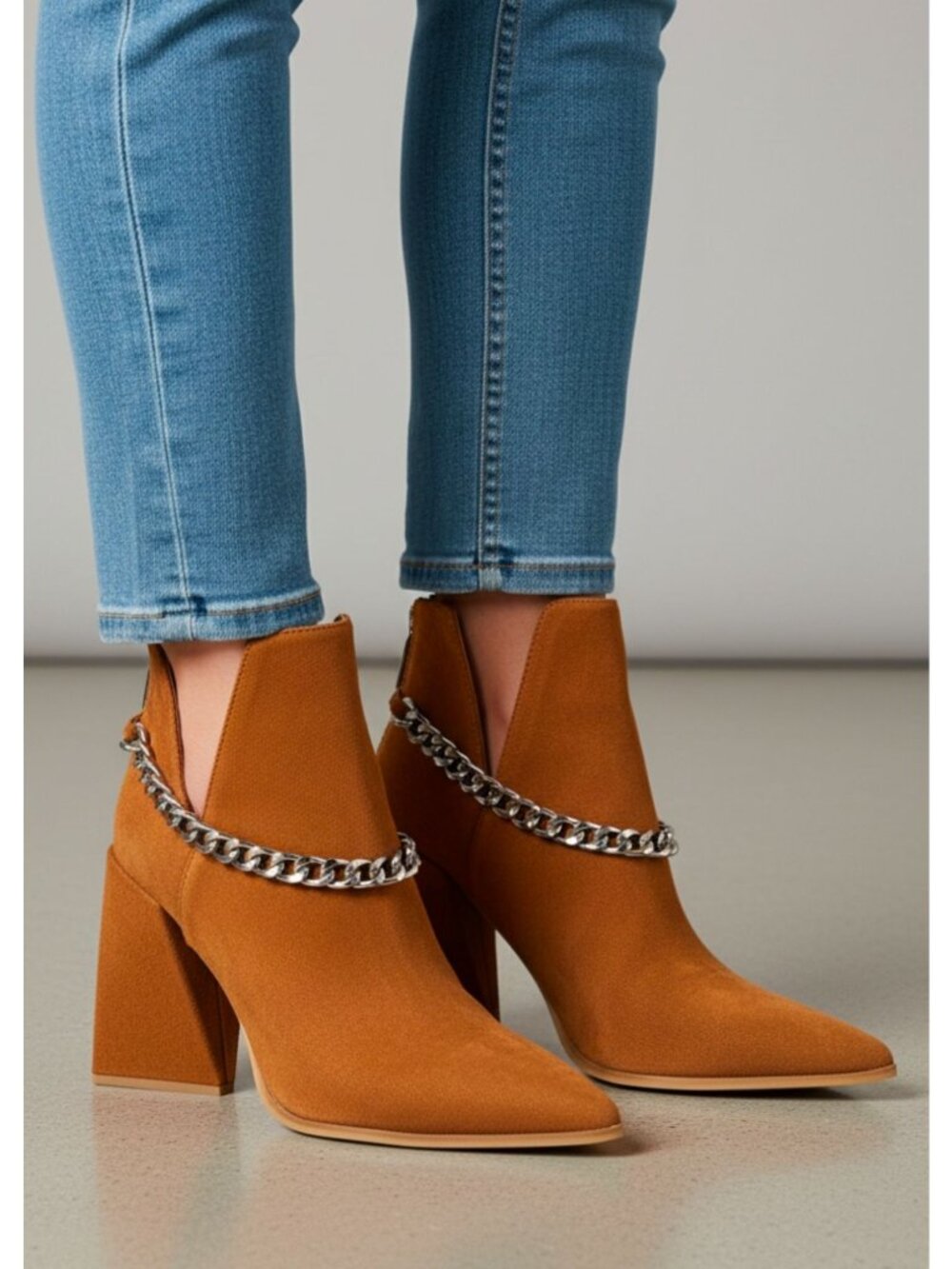 Tan Faux Suede Pointed Toe Ankle Boots With Chain Accent & Zipper Closure
